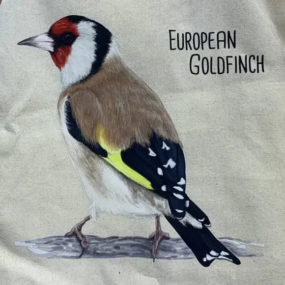 New Hand Printed European Goldfinch Bird Original Art Canvas Shoulder Tote Bag - Picture 2 of 2